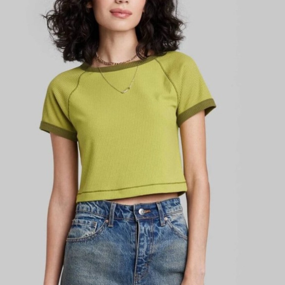 Waffle Knit Short Sleeve Crop Top green / lime